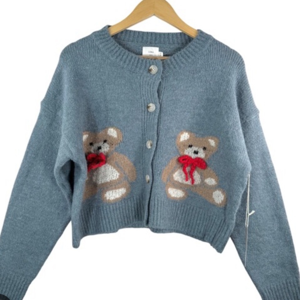 NWT Luna Ivy Cozy Blue Cardigan with Teddy Bear Print Design in size medium
